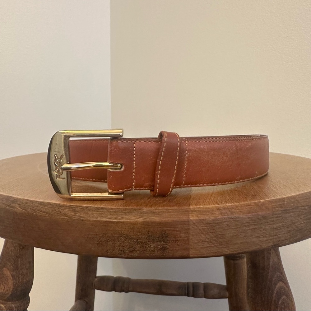 Authentic YSL Yves Saint Laurent Womens Belt 36 Inch 90 Cm Brown Leather Gold